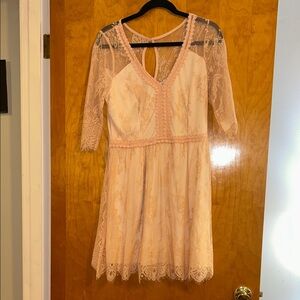 Soiéblu Elegant Pink Lace Dress with Sheer Sleeves